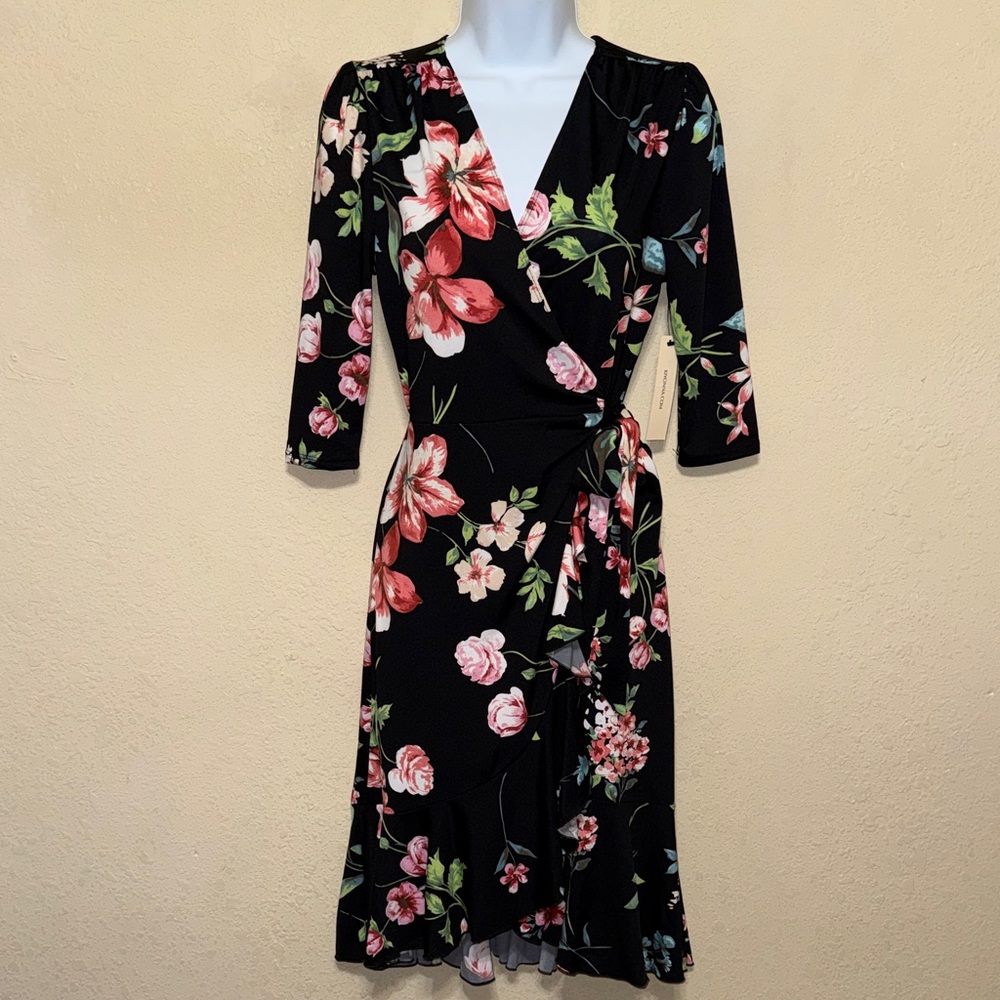 Kiyonna Black and Pink Floral Midi wrap Dress